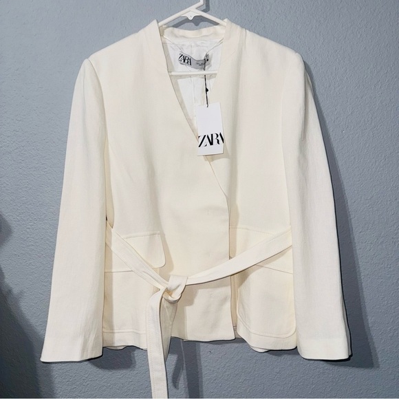 Zara Women Bloggers Fav Oyster White Linen Blend Belted Business Blazer Size M - Picture 15 of 17
